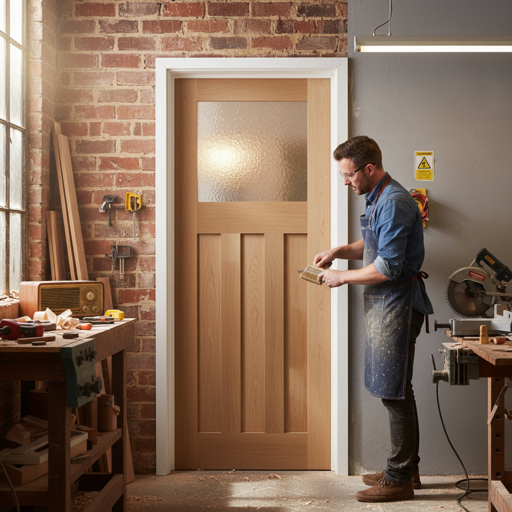 Unfinished Internal Oak Door with 3 Panels and 1 Pane of ...