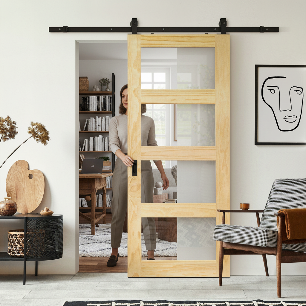 Premium Clear Pine Internal Unfinished Shaker 4 Light Glass Sliding Door with Sophisticated Black Top Mounted Kit