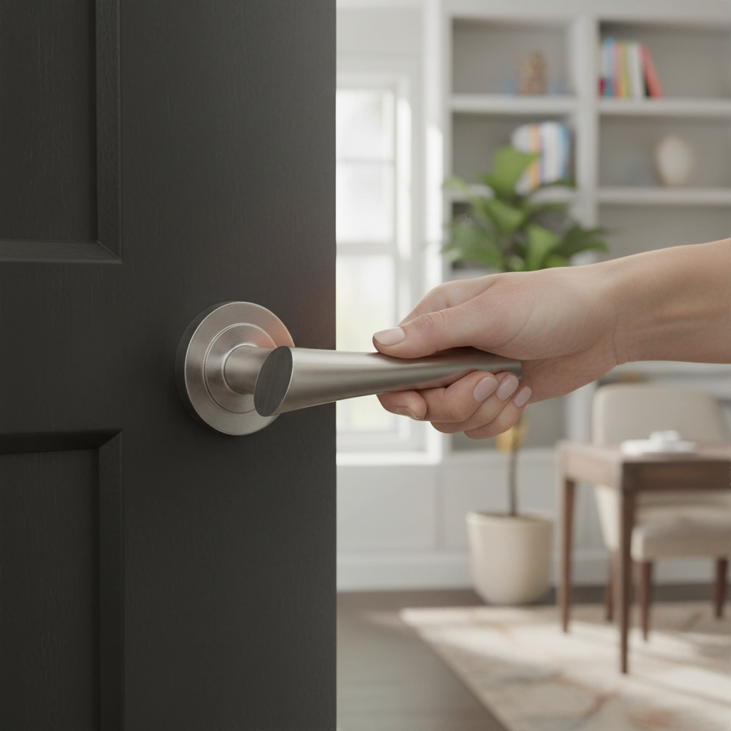 Contemporary Round Lever Door Handle in Satin Nickel Finish