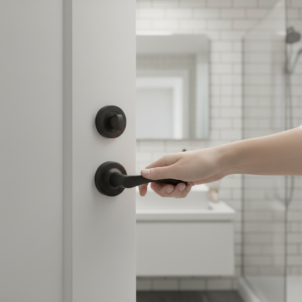 Premium Internal Bathroom Lever Handle on Round Rose Pack - Matt Black Finish with Privacy Lock and Hinges for Modern Doors