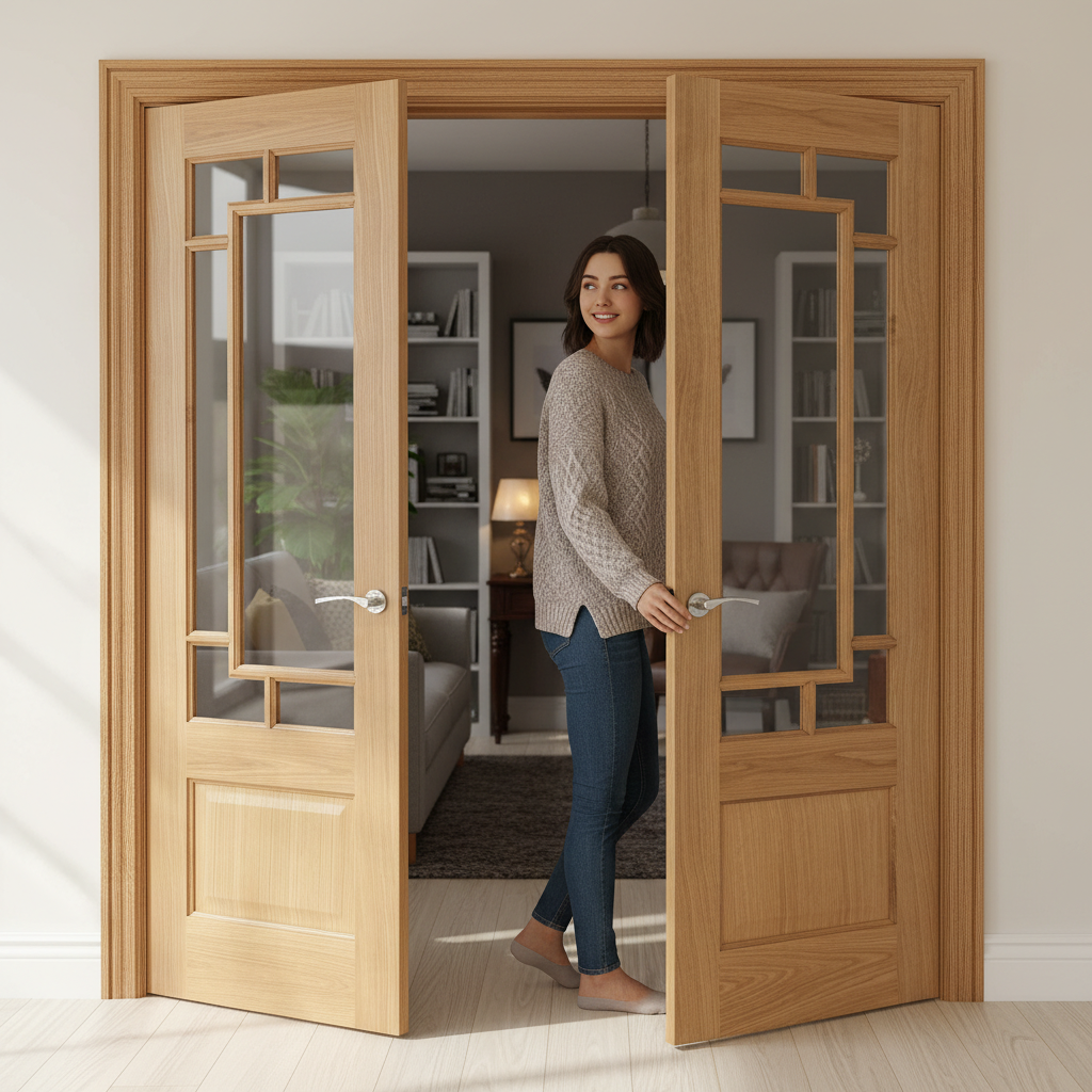 Premium Engineered French Pair Doors with Clear Toughened Glass and Satin Lacquer Finish, 40mm Thickness for Enhanced Stability