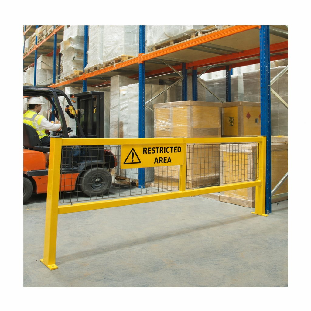 Heavy-duty warehouse safety barrier with steel mesh panel for UK facilities