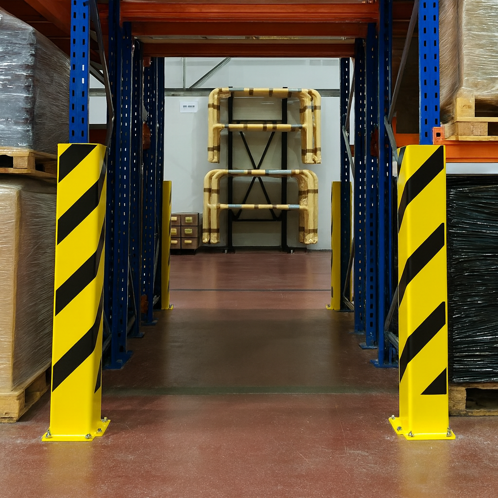 Warehouse rack column protector UK - Heavy-duty steel upright guard with high-visibility yellow and black safety stripes
