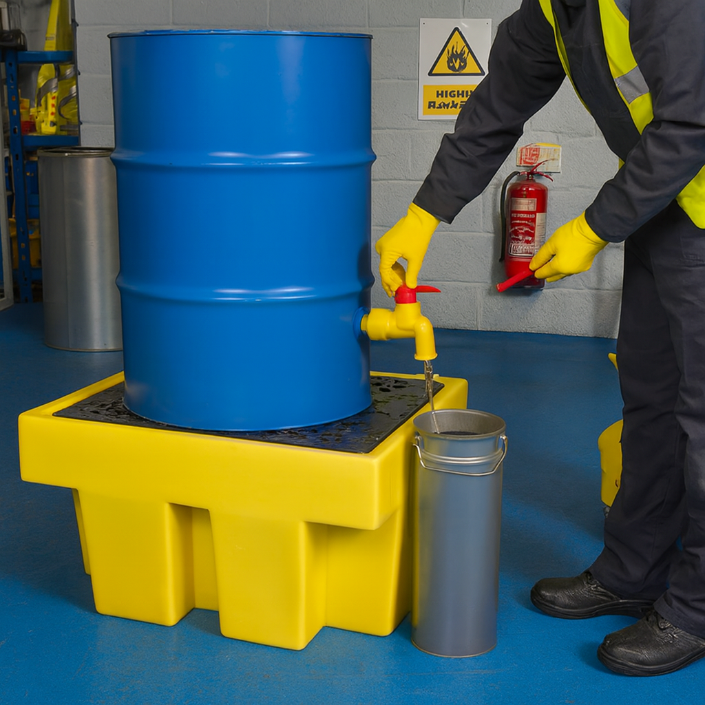 Heavy-duty spill containment pallet with 225L sump capacity for industrial drum storage in UK facilities