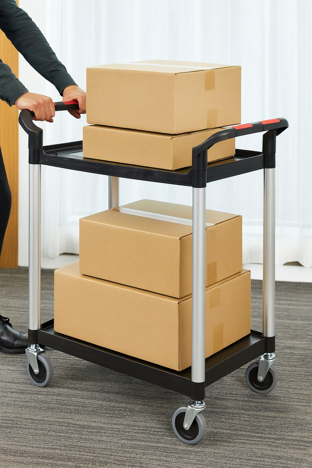 Heavy-duty 2-tier utility cart with wheels for UK warehouses and facilities