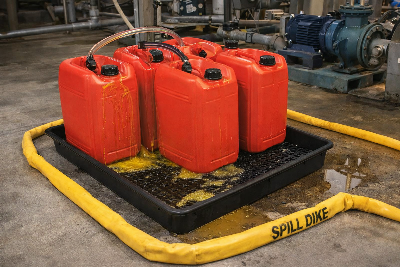 Heavy-duty spill containment tray for fuel and chemical storage in UK facilities