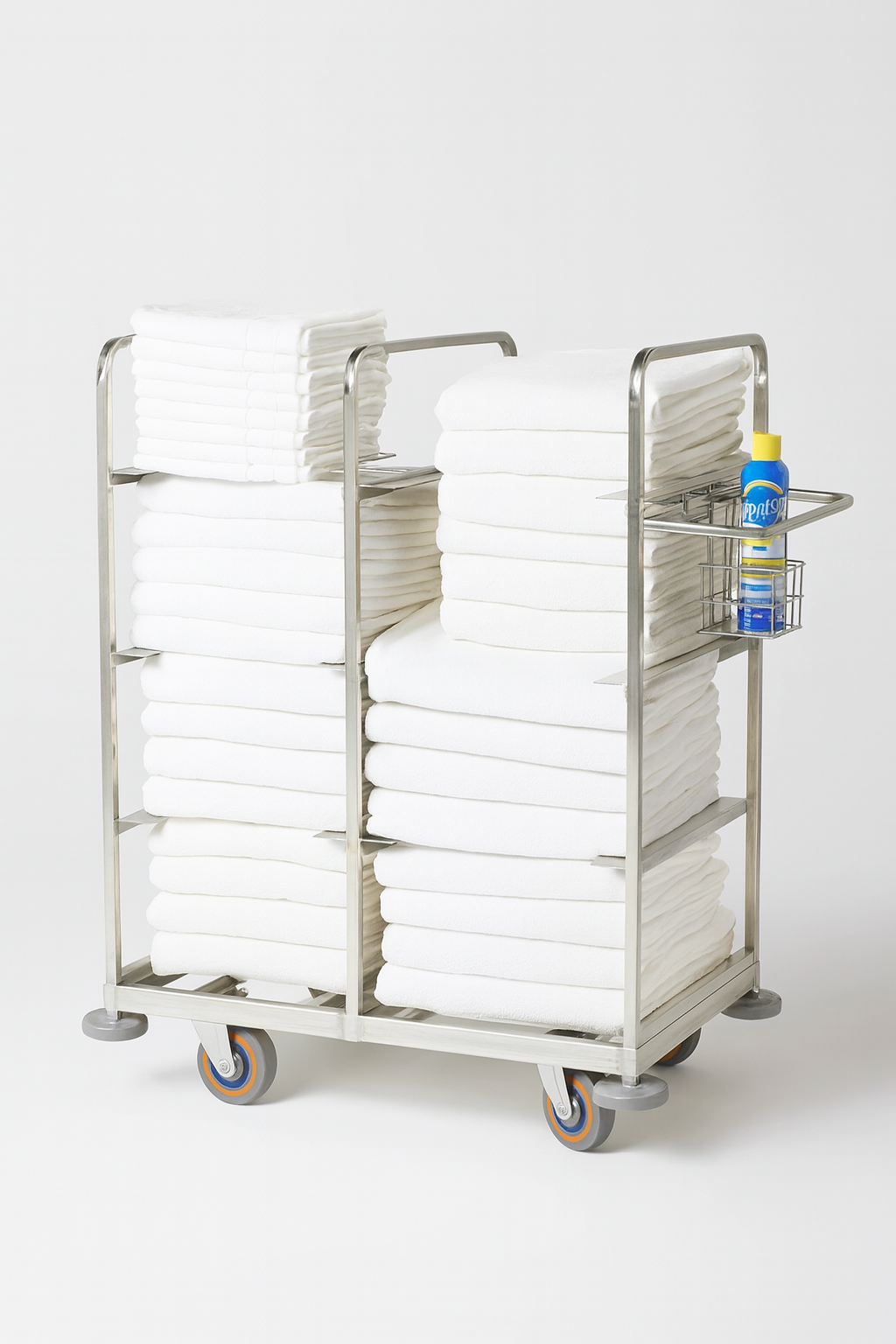 Heavy-duty stainless steel linen trolley with shelves and accessory basket for commercial facilities in the UK