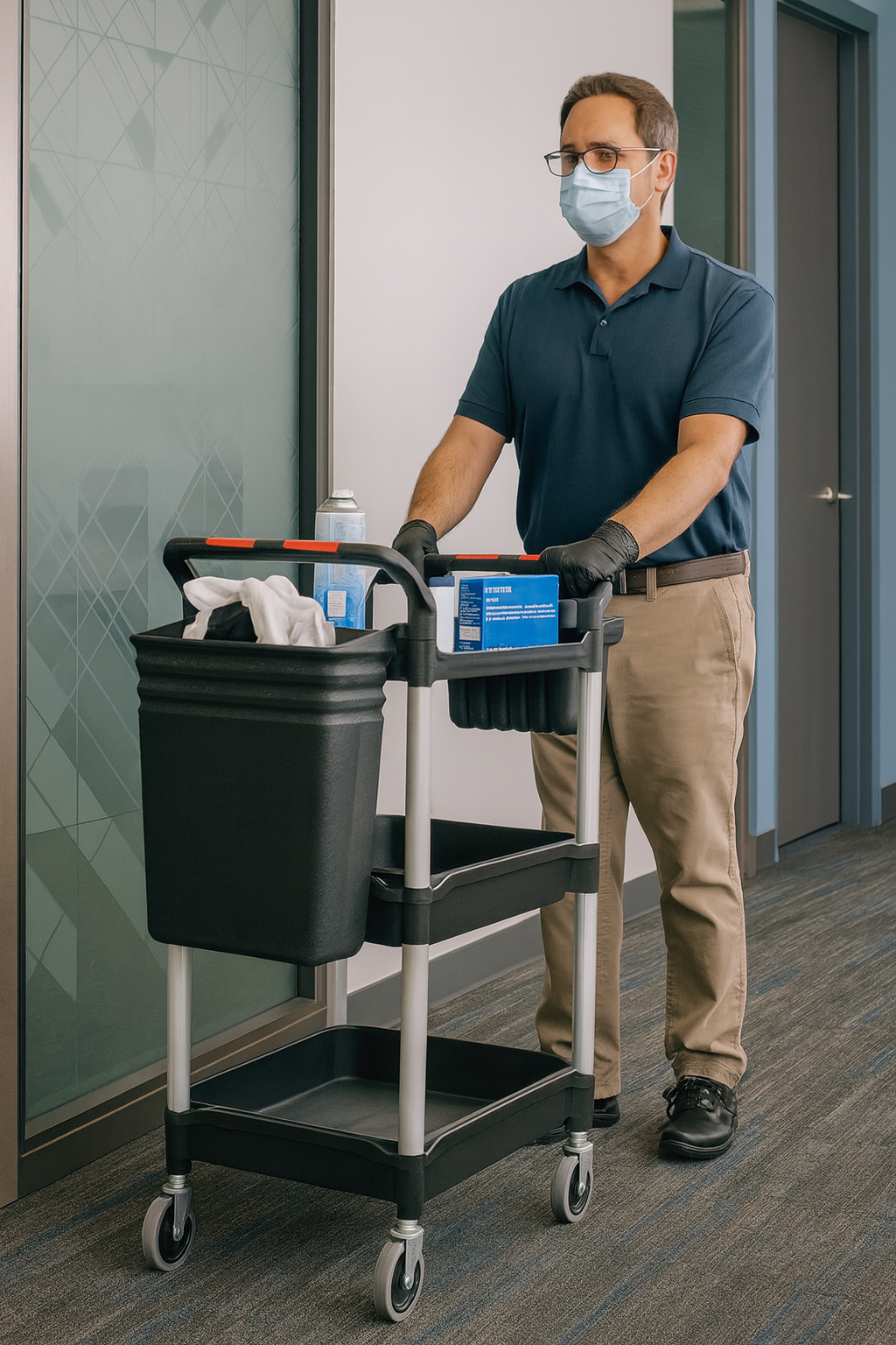 Heavy-duty janitorial cleaning cart UK with utility shelves and waste bin for professional custodial services