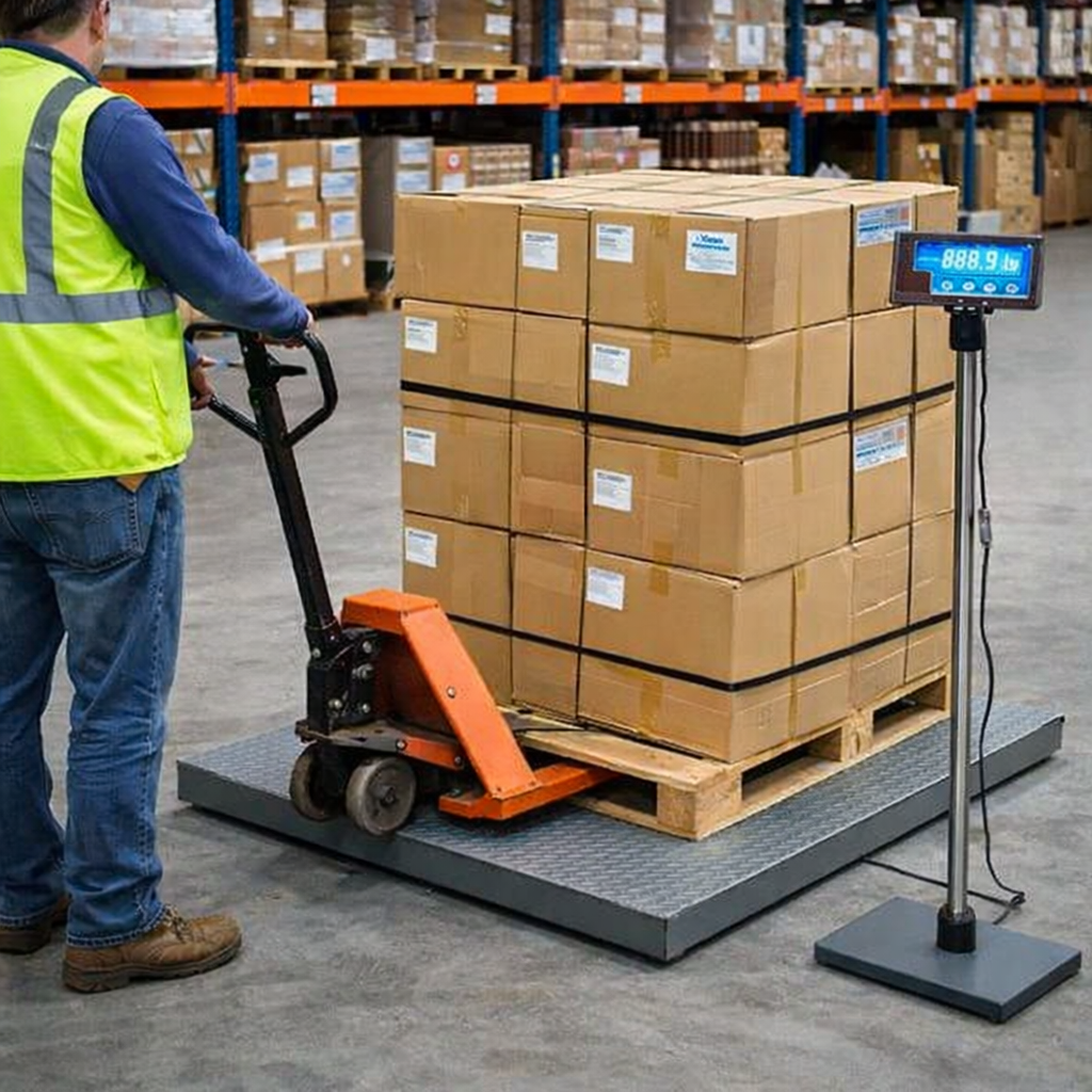 Heavy-duty platform floor scale with remote LCD indicator for UK warehouses
