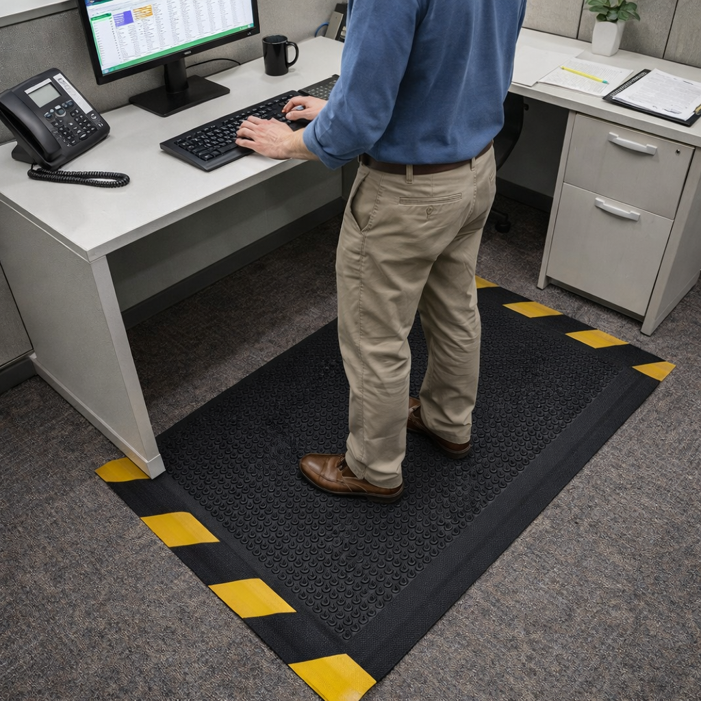 Heavy-duty anti-fatigue rubber safety mat with yellow hazard edges for UK industrial workplaces