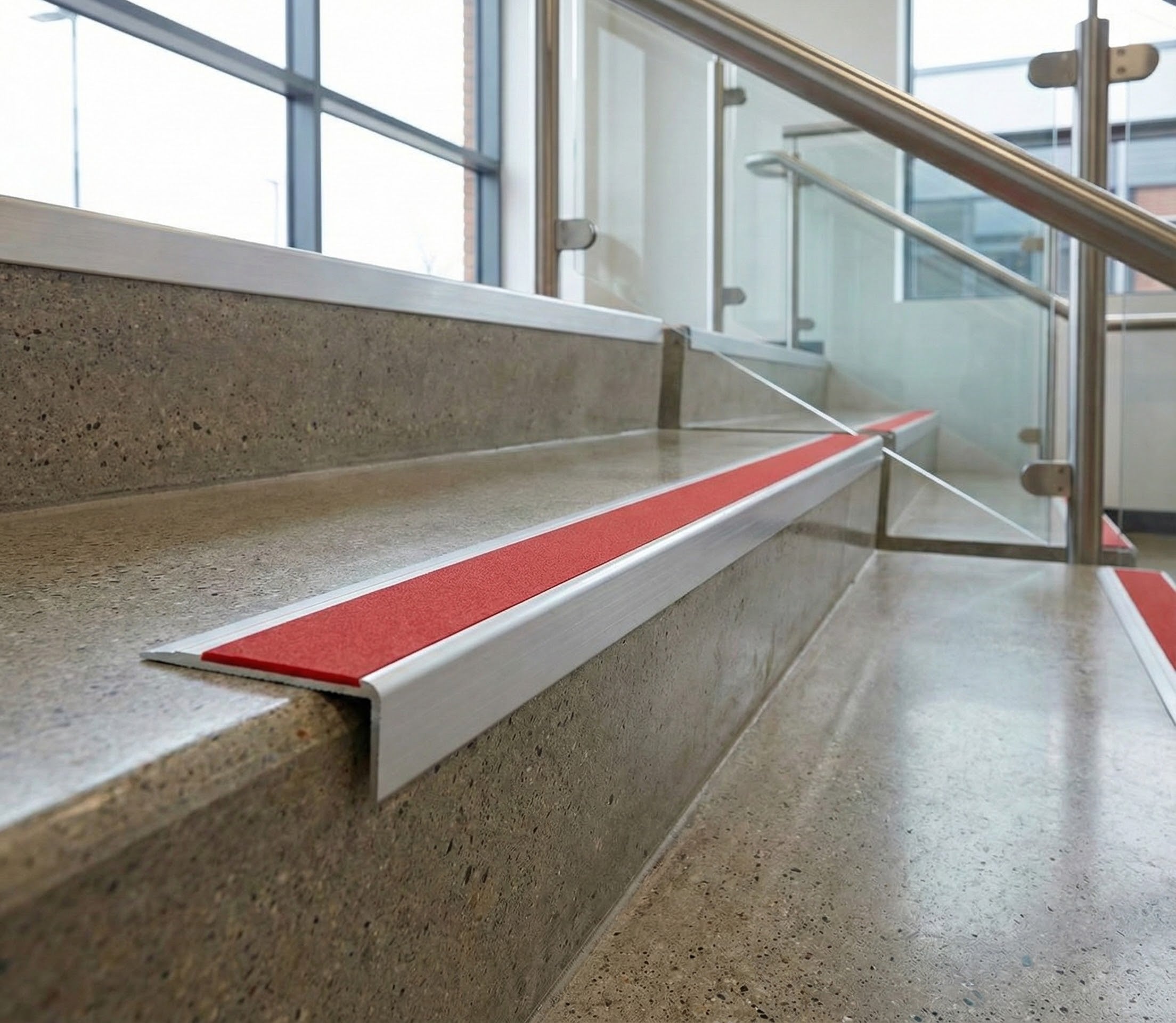 Premium aluminium anti-slip stair nosing with high-traction PVC insert installed on UK staircase