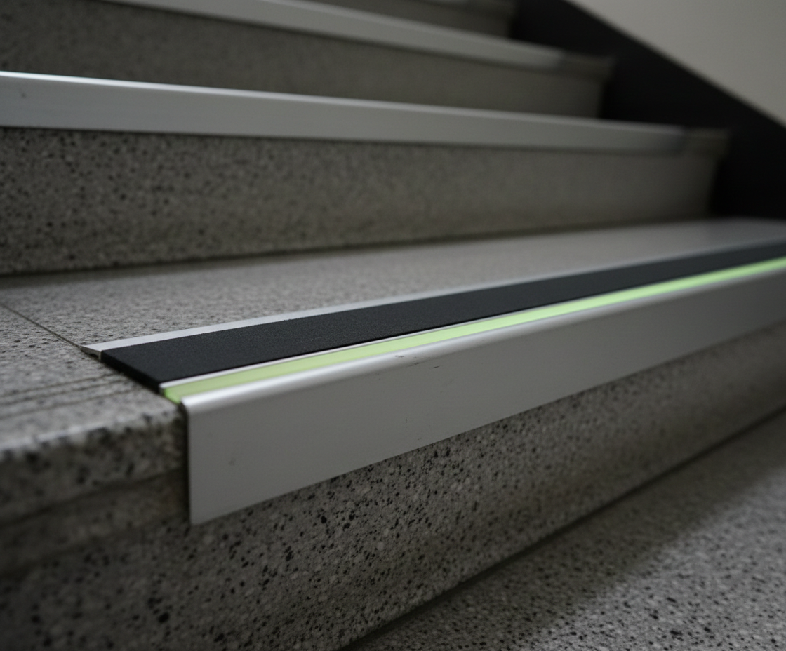 Glow-in-the-dark DDA anti-slip stair nosing installed on UK facility stairs