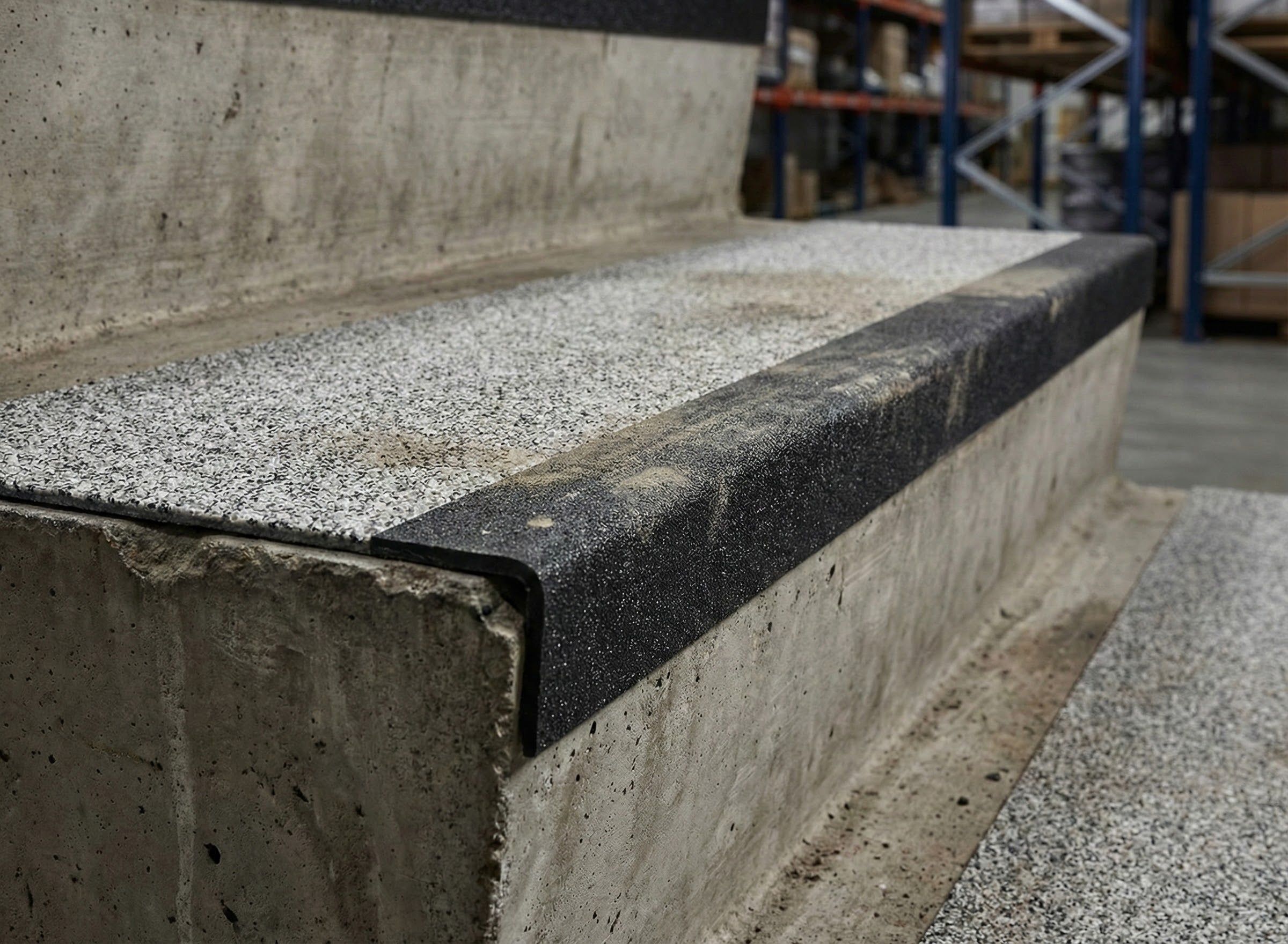 Anti-slip stair tread covers UK with black safety nosing installed on commercial stairs