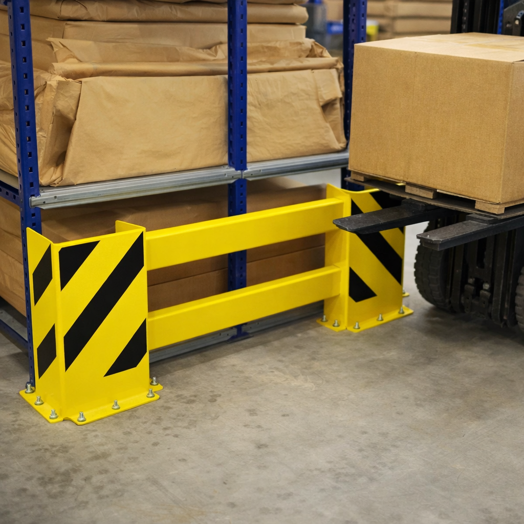 Heavy-duty warehouse racking end barrier with high-visibility hazard markings for UK facilities
