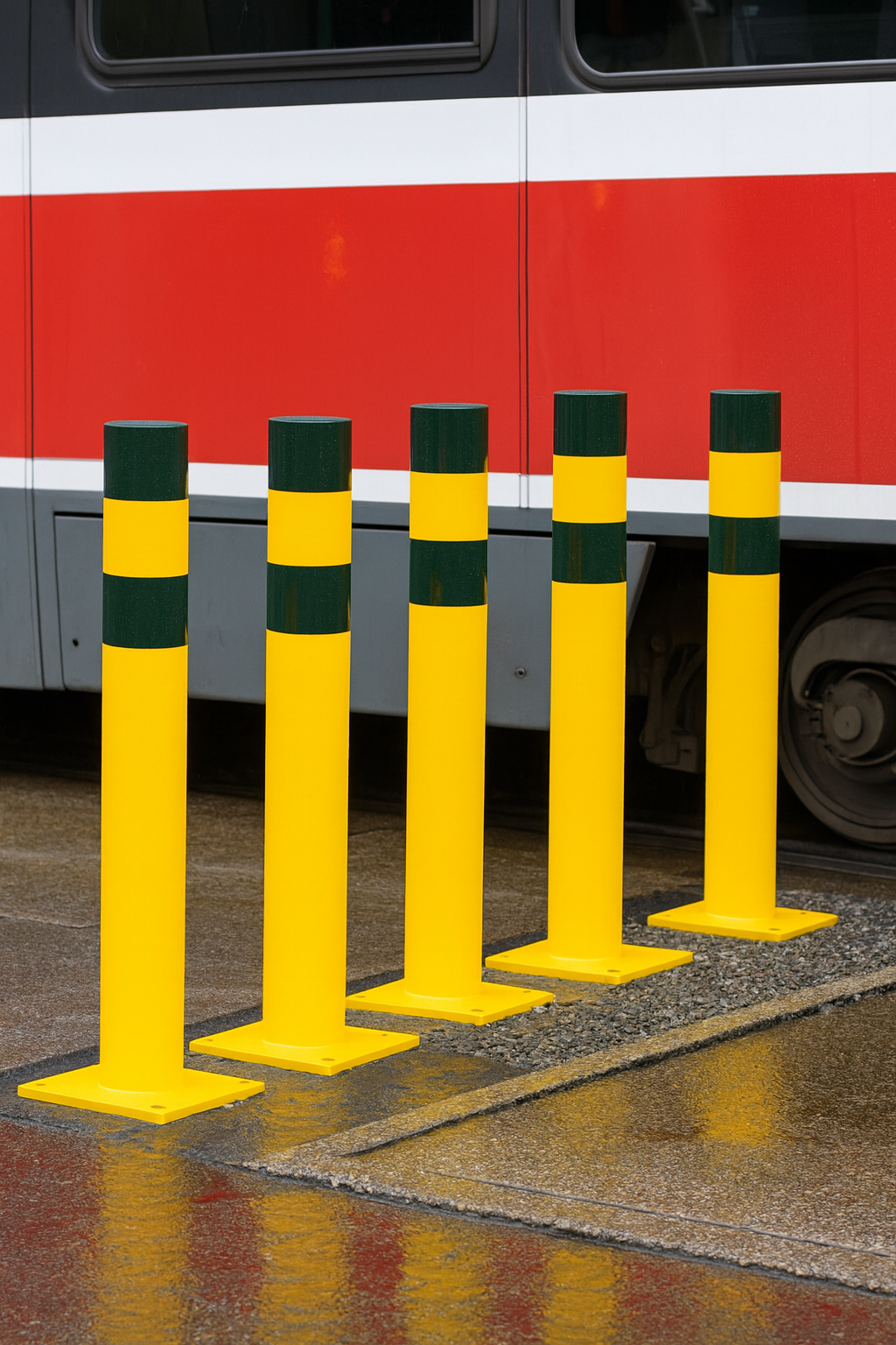 Heavy-duty safety bollards UK with high-visibility yellow and green bands for warehouse and car park protection