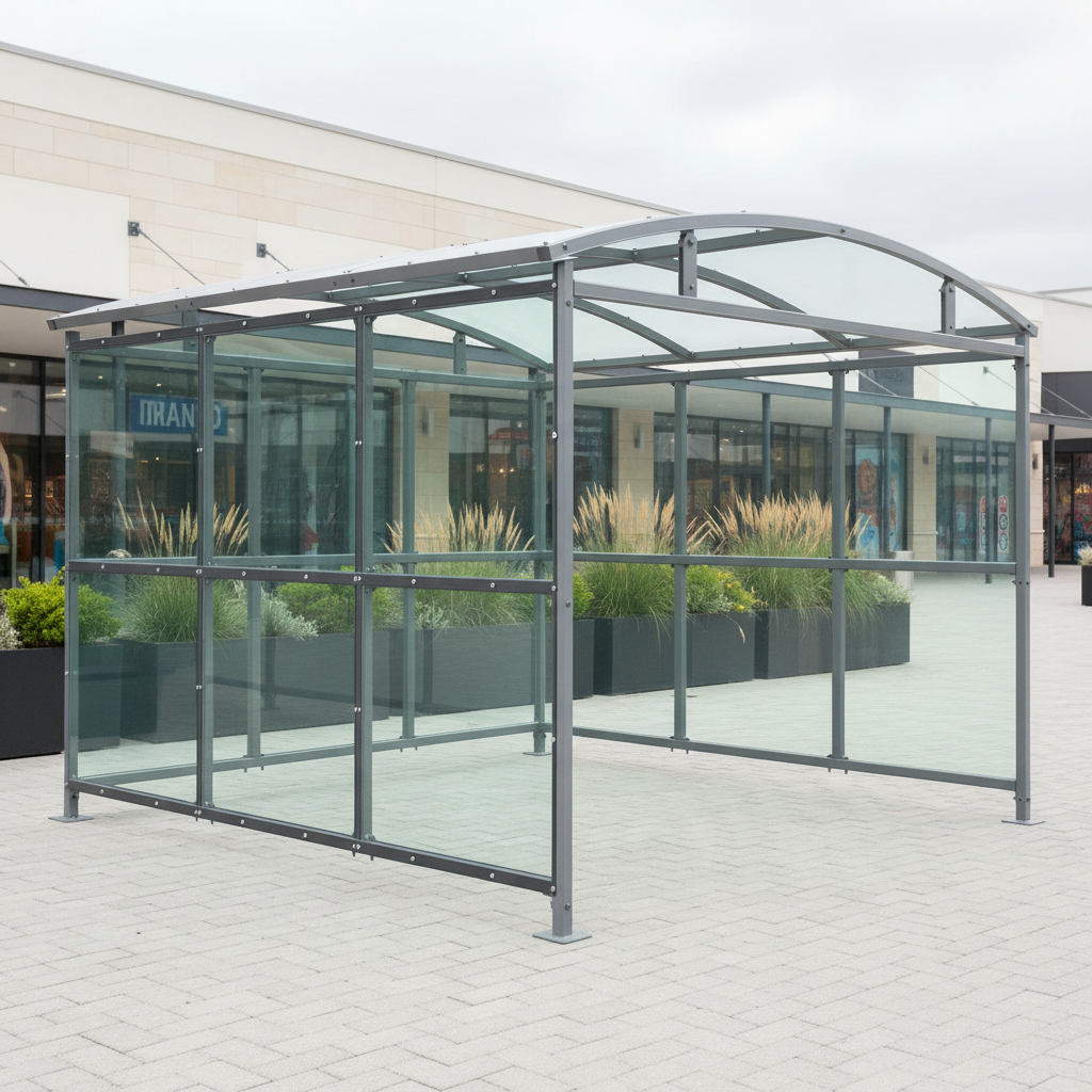 Watford Trolley Shelter UK with clear PETG cladding and galvanised steel frame for commercial outdoor storage