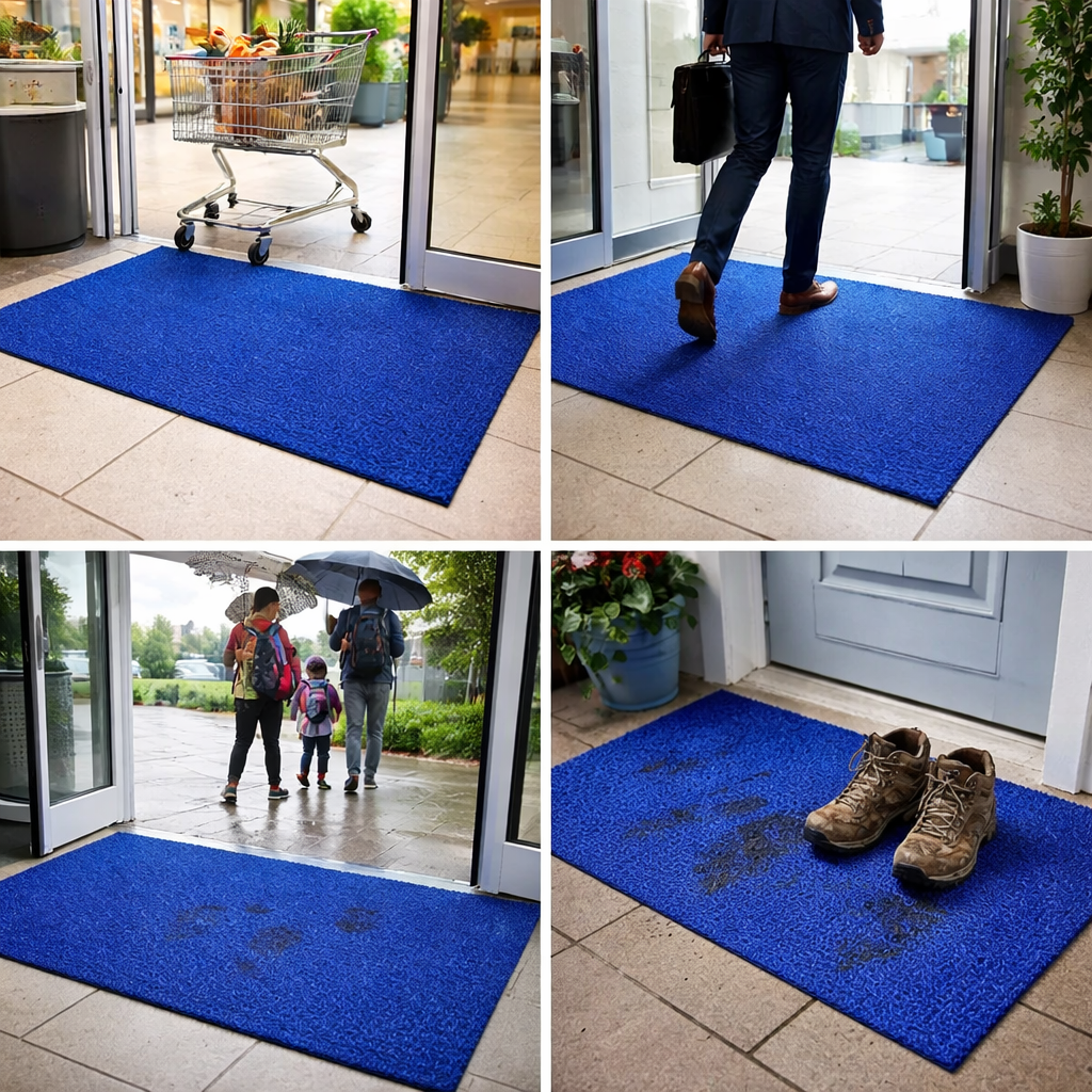 Heavy-duty blue PVC coil entrance mat for professional UK facilities