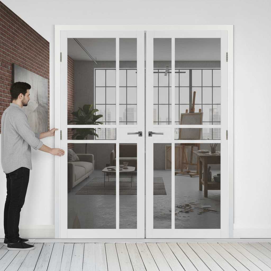 Premium White Tinted Glazed Industrial Style Door Pair with Solid Core, Minimalist Design and 10-Year Warranty