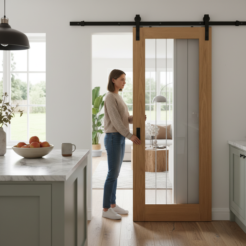 Oak Internal Sliding Door with Obscure Lined Clear Glass