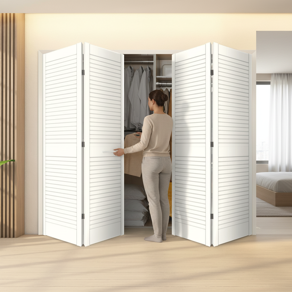 Premium White Painted Internal 28mm Open Louvre Bi-fold Wardrobe Door Set with Ventilation and Complete Fitting Accessories