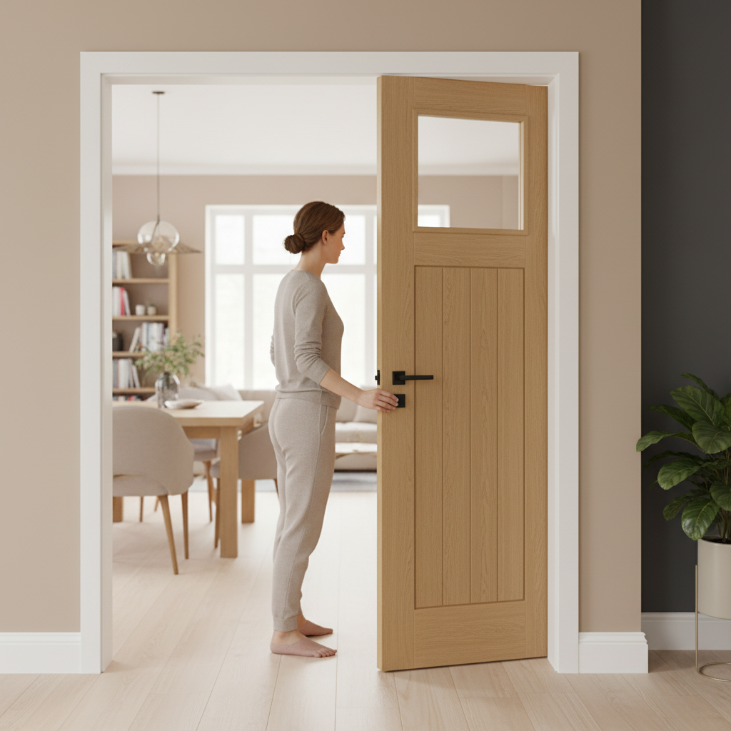 Unfinished Oak Pocket Door Set with Clear Glass Panel - V...