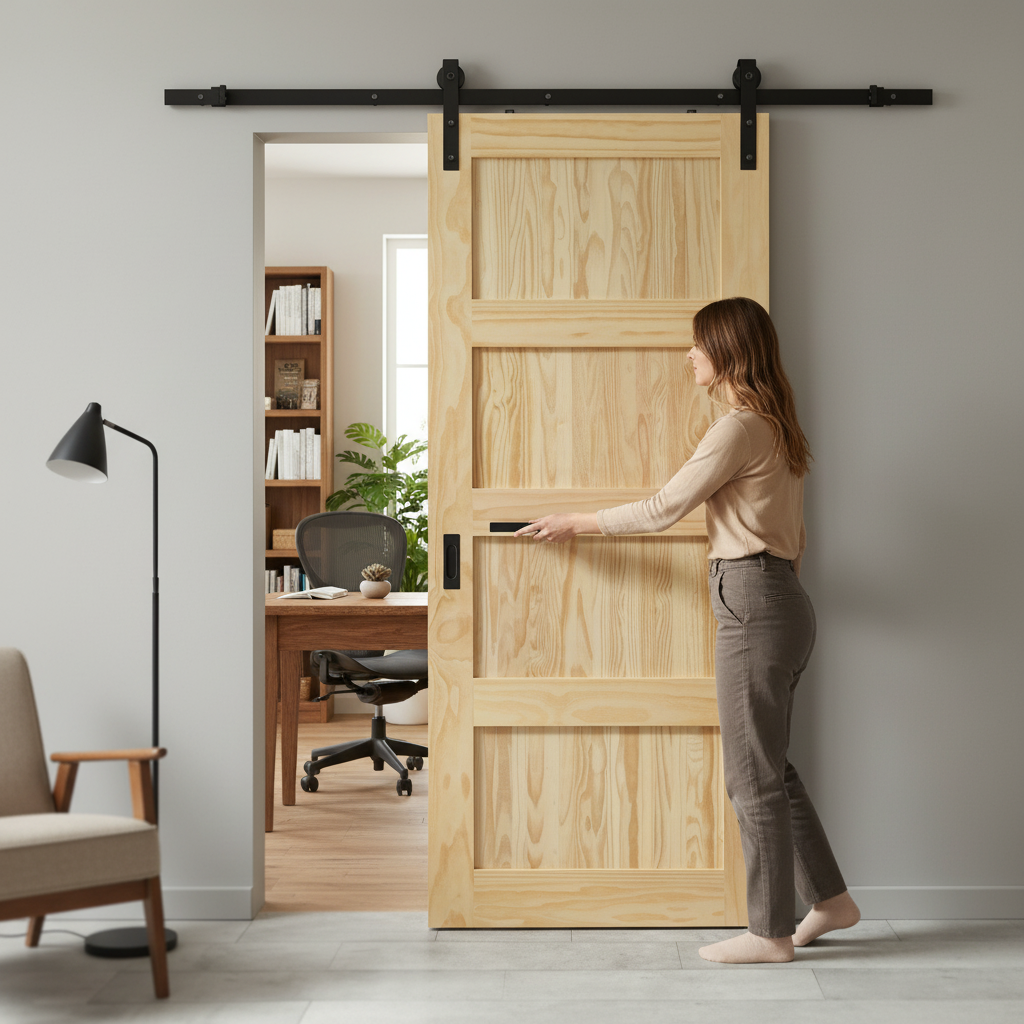 Premium Clear Pine Internal Unfinished Shaker 4 Panel Sliding Door with Space-Saving Black Steel Track