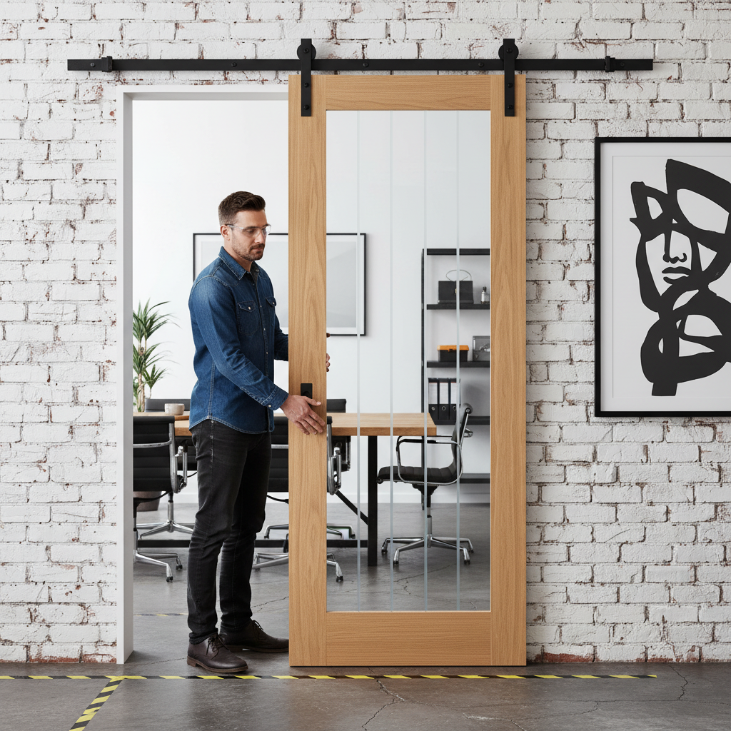 Oak Internal Sliding Door with Obscure Lined Clear Glass