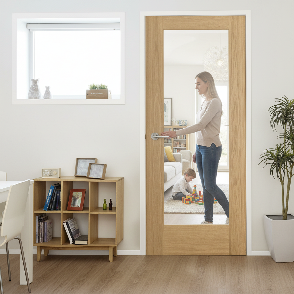 Premium Fully Finished Internal Oak Pattern 10 Door with Clear Glass Pane and Engineered Core Construction