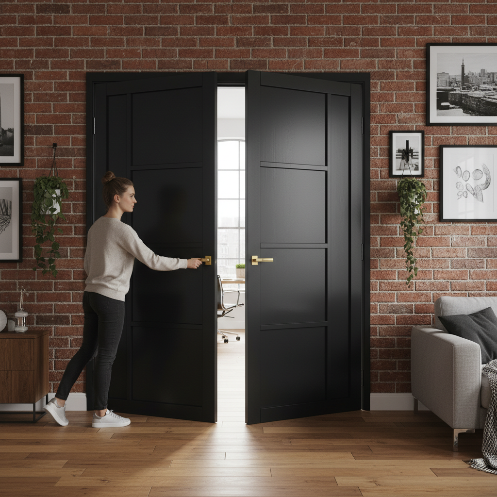Premium Industrial Style Door Pair with Solid Core Construction, Prefinished Black, and Unique Geometric Design