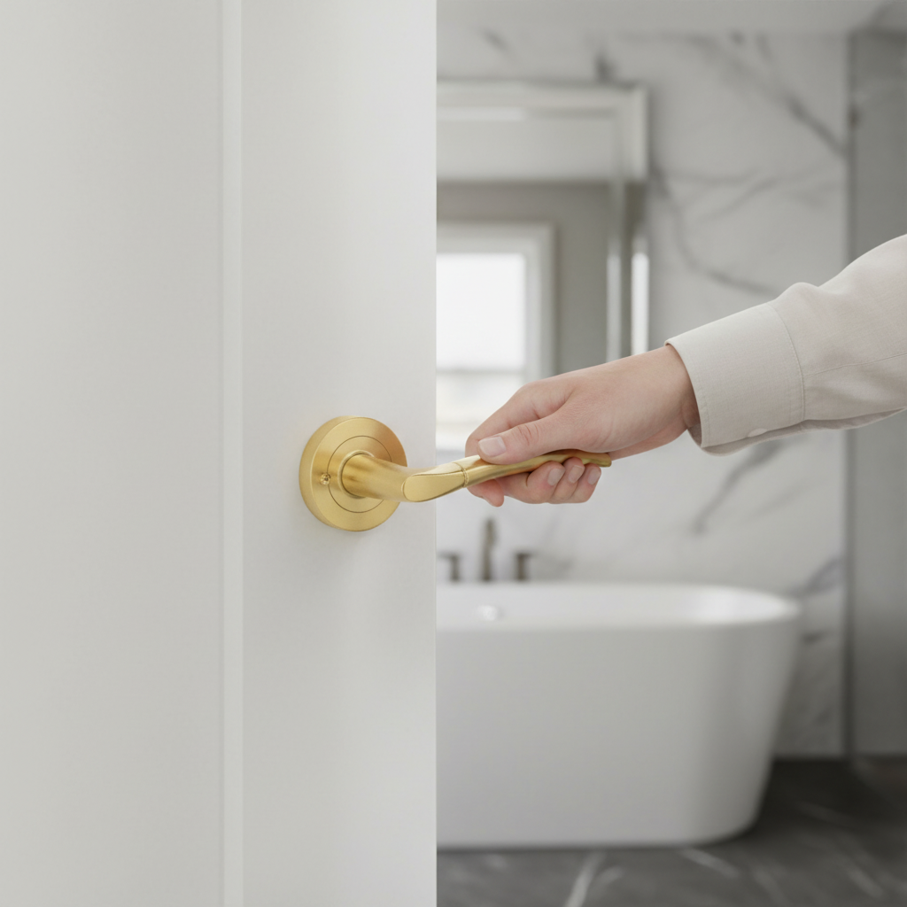Round Rose Lever Bathroom Handle Set with Satin Brass Finish