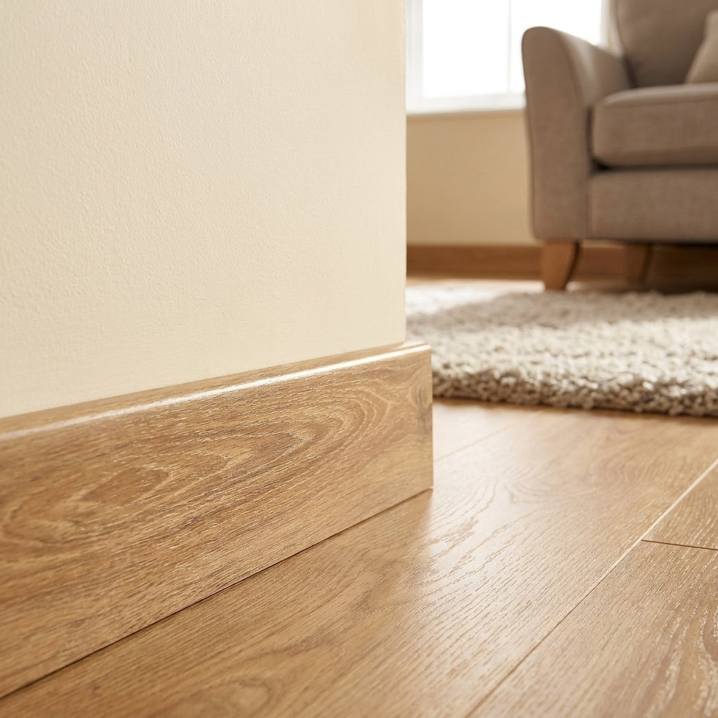 High Gloss Oak Skirting Board 2400mm x 58mm x 19mm for Water Resistance - detail view