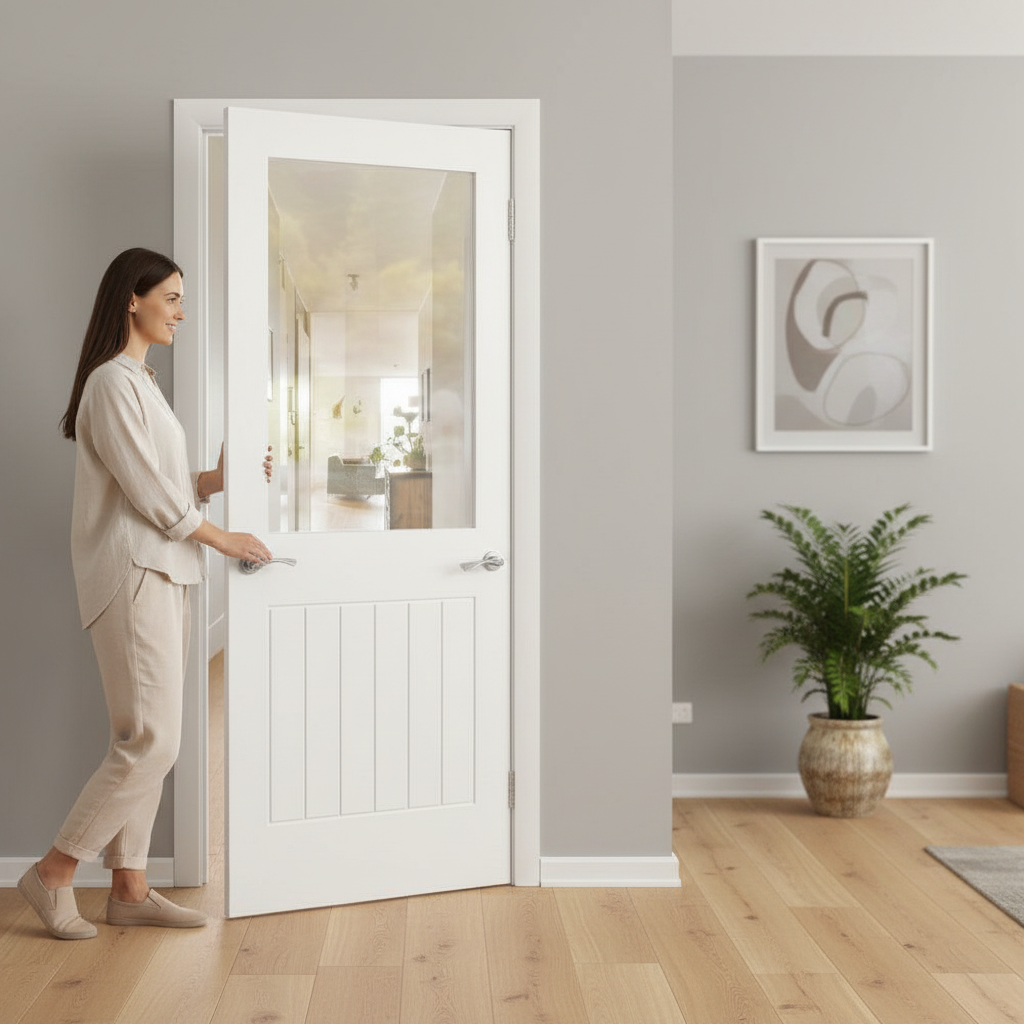Internal Cottage Door with Clear Glass Pane - Primed Fini...