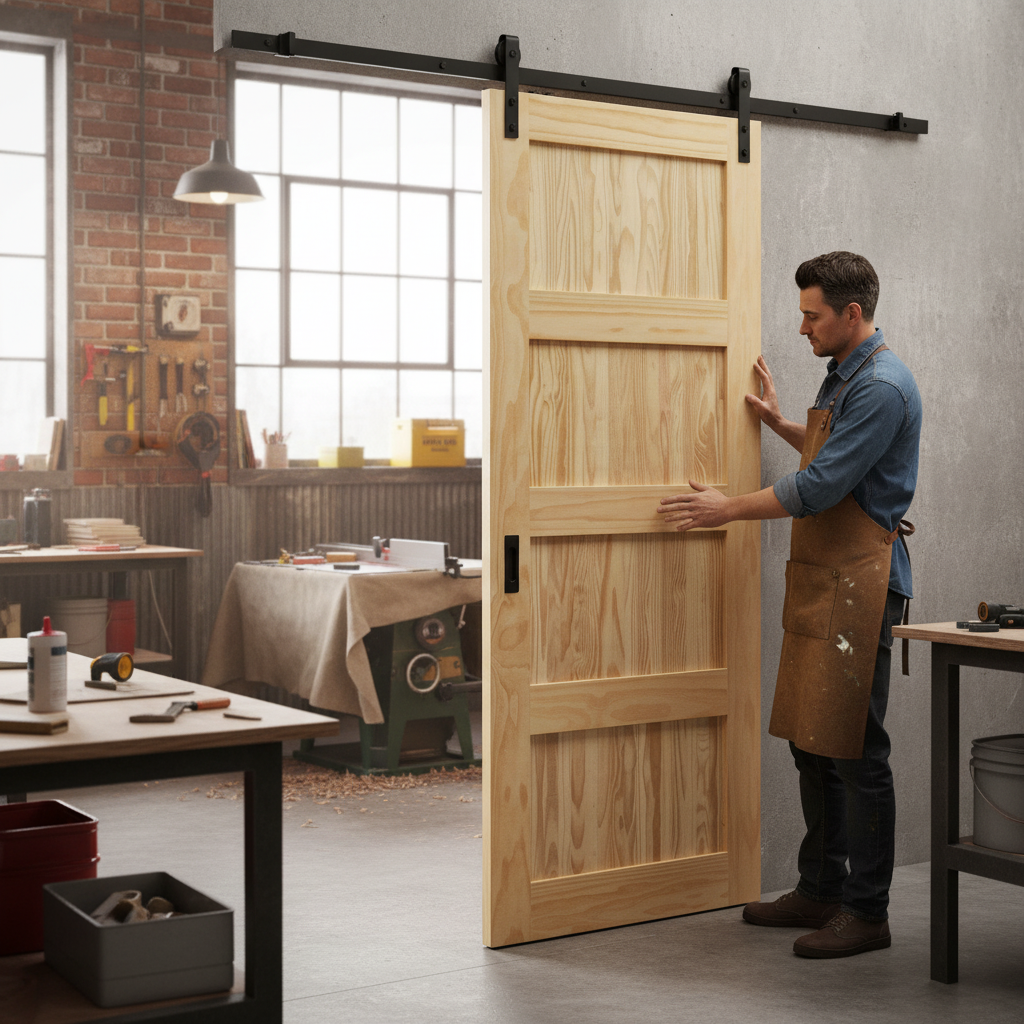Premium Clear Pine Internal Unfinished Shaker 4 Panel Sliding Door with Top Mounted Kit for Custom Finishing