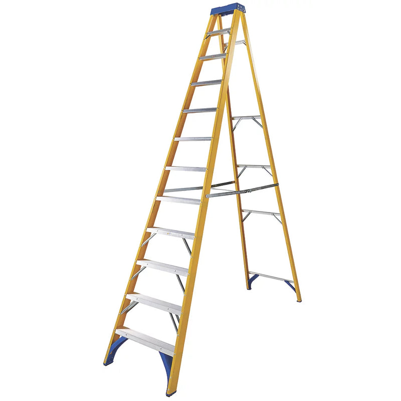 Professional Fibreglass 12-Step Swingback A-Frame Step Ladder For Indoor & Outdoor Use