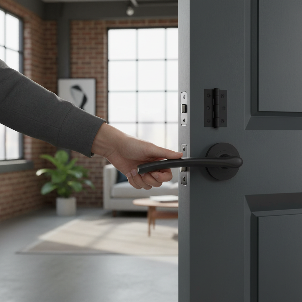 Premium Internal Lever Handle Set on Round Rose - Matt Black Finish with Latch and Hinges for Modern Doors