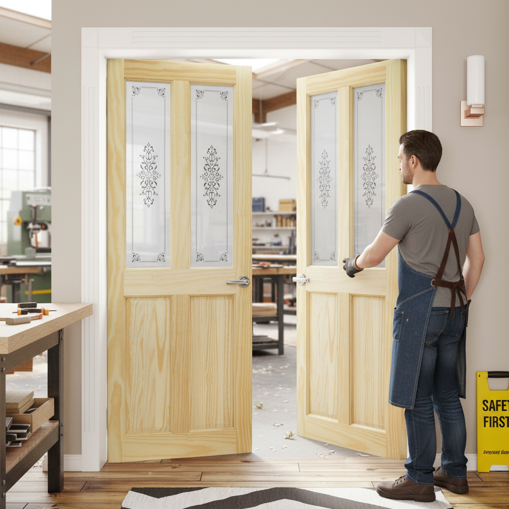 Premium Internal Clear Pine Unfinished 2 Panel 2 Light Glass Pair Door for Custom Finish