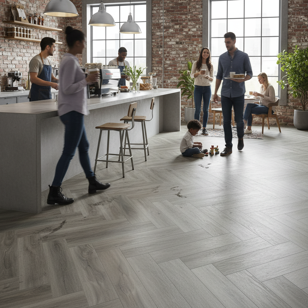 Premium Herringbone Vinyl Flooring 5.5mm Rigid Core with Waterproof Surface and 4V Beveled Edge Design