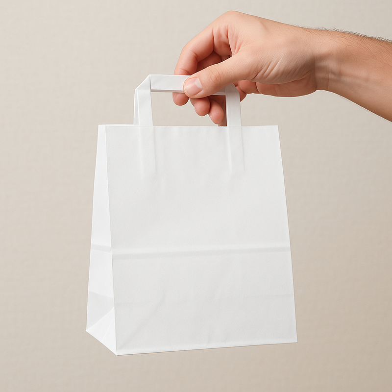 Premium White Kraft Paper Bags Strong Tape Handles 100% Recyclable Biodegradable