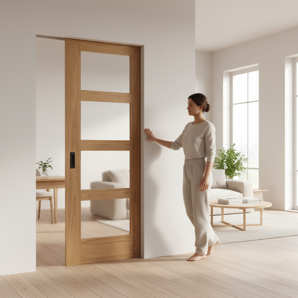 Shaker Style Pocket Door Set with 4 Light Obscure Glass P...
