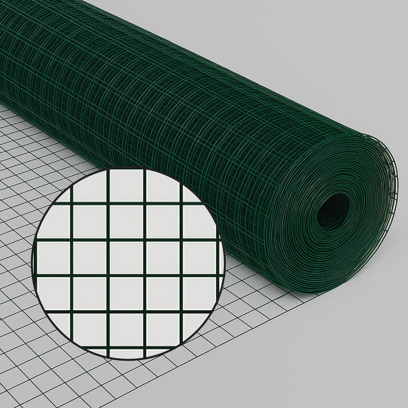 Green PVC Coated Wire Mesh, 25 x 25mm Square Holes 16 Gauge Galvanised Steel (Medium Weight)