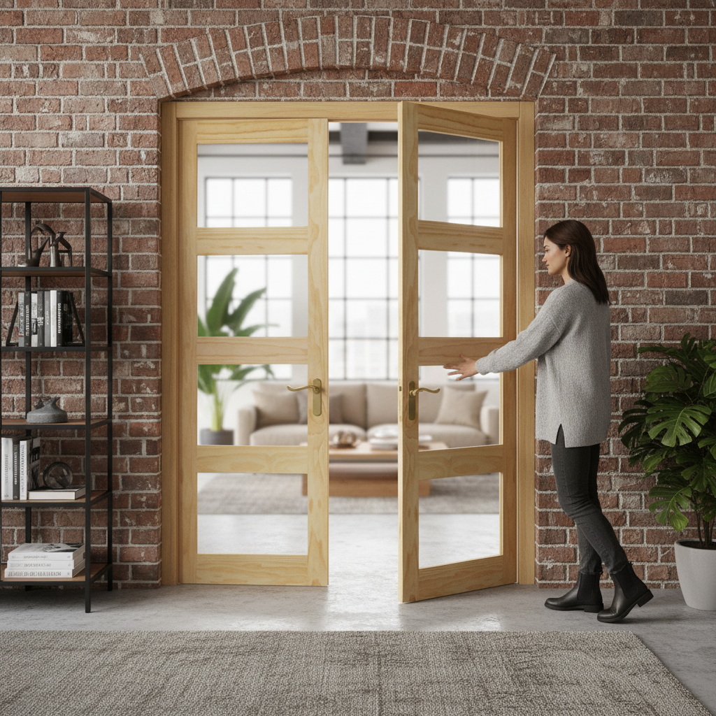 Premium Unfinished Clear Pine Shaker Style Pair Door with Four Clear Glass Panels for Bright Interior Spaces