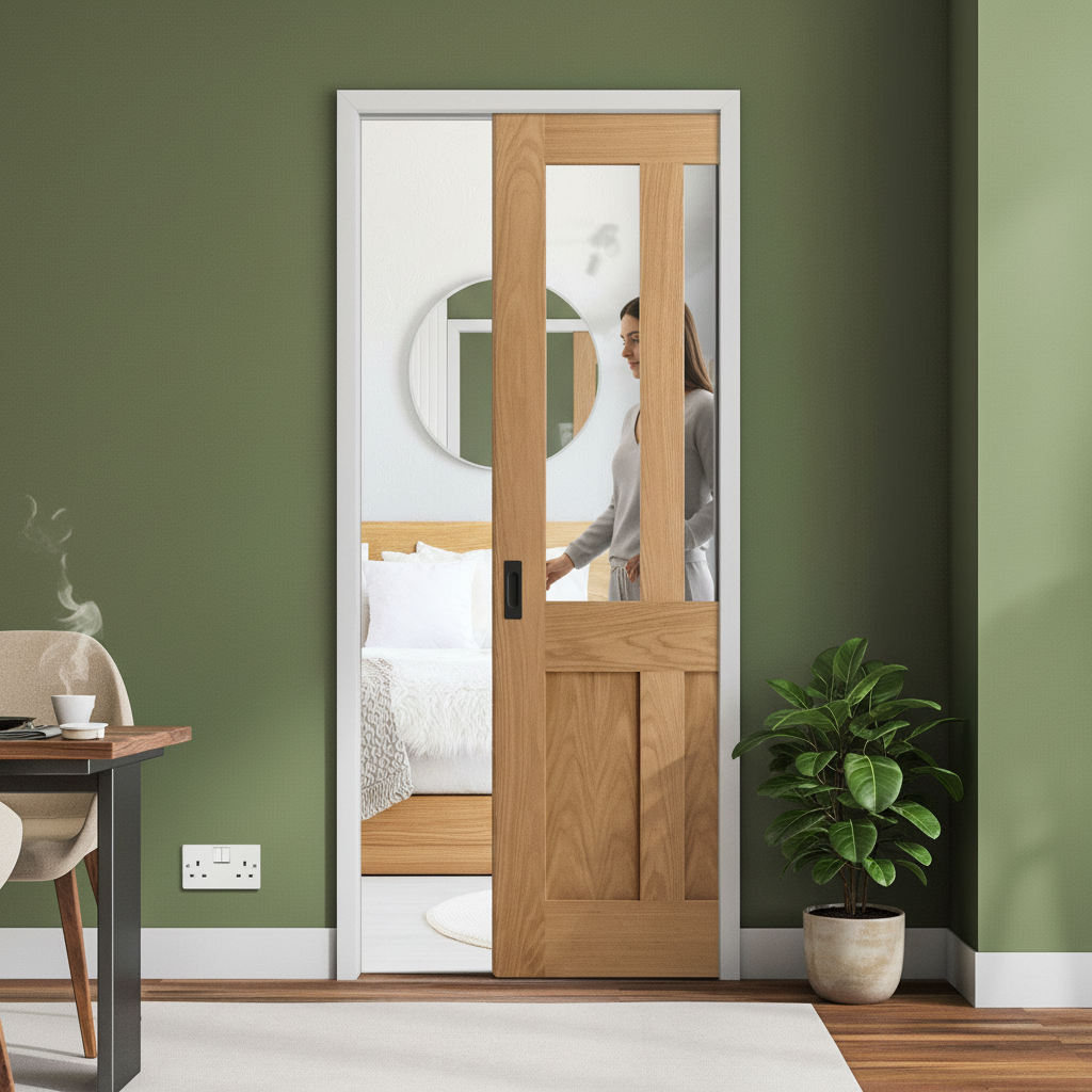 Oak Unfinished Victorian Shaker 2 Panel Pocket Door Set