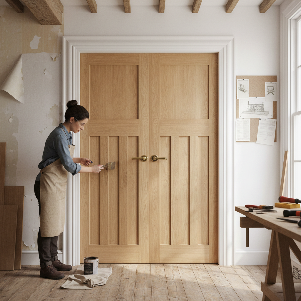 Internal Unfinished Oak 1930's DX 4 Panel Pair Door Set -...