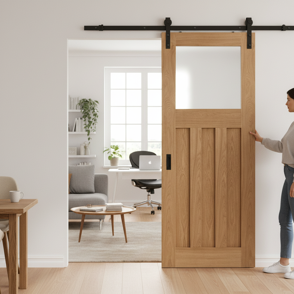 Unfinished Oak 1930's Style DX 3 Panel 1 Light Sliding Door