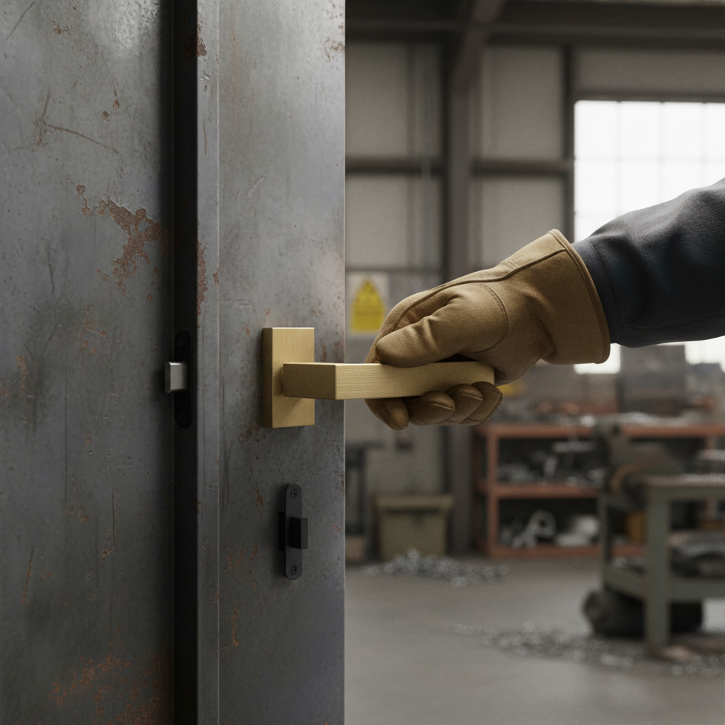 Industrial Square Lever Door Handle Set in Satin Brass