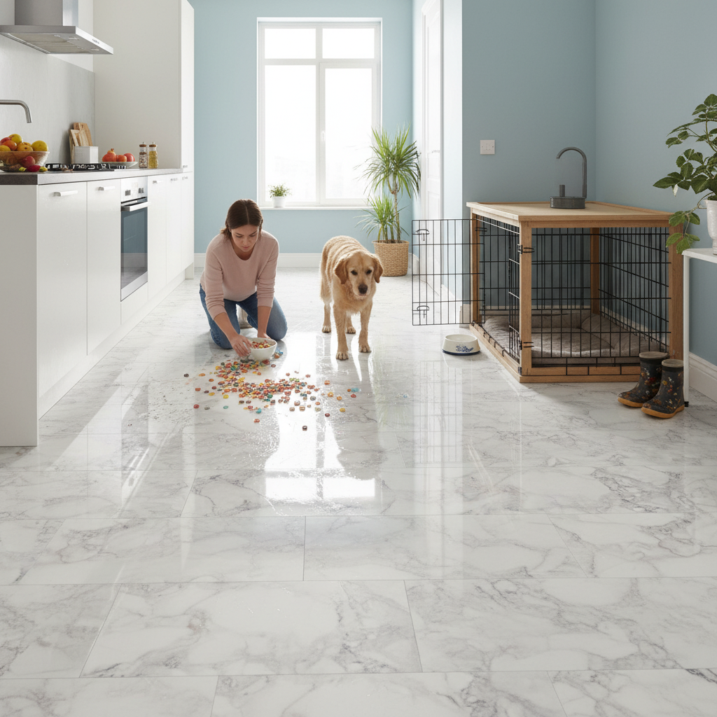 Premium 8.5mm High Gloss Laminate Flooring with White Marble Effect for Elegant Interiors