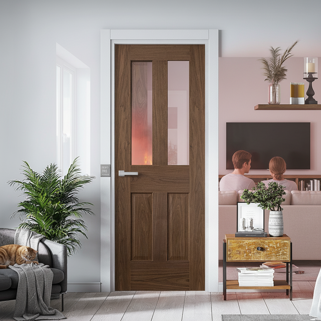 Premium Internal Walnut Fully Finished 4 Panel Victorian FD30 Fire Door with Solid Engineered Core and 30-Minute Fire Resistance