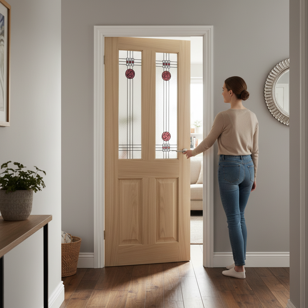 Premium Internal Unfinished Oak 2 Light Clear and Stained Glass Door for Enhanced Home Aesthetics and Sound Insulation