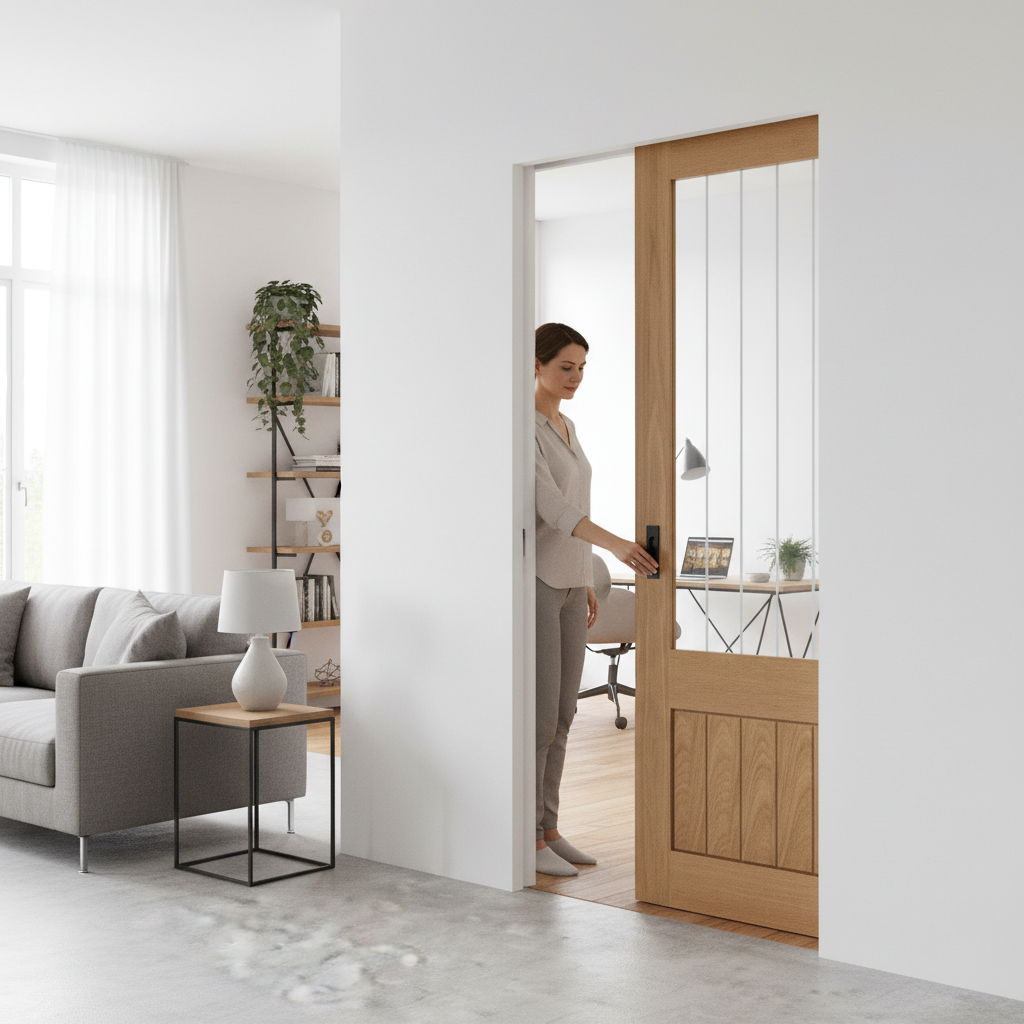 Oak Pocket Door Set with Obscure Lined Clear Glass Panel
