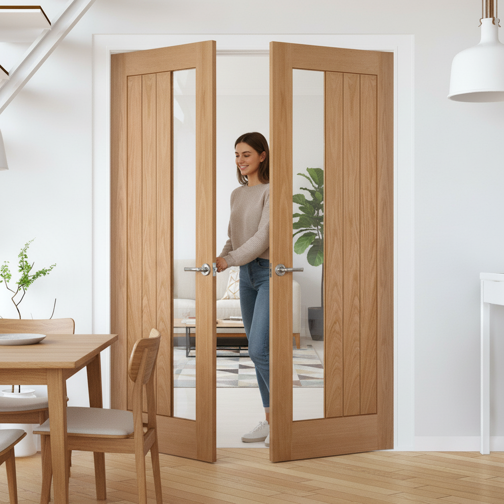 Internal Oak Unfinished Clear Offset Glass Pair Door - El...
